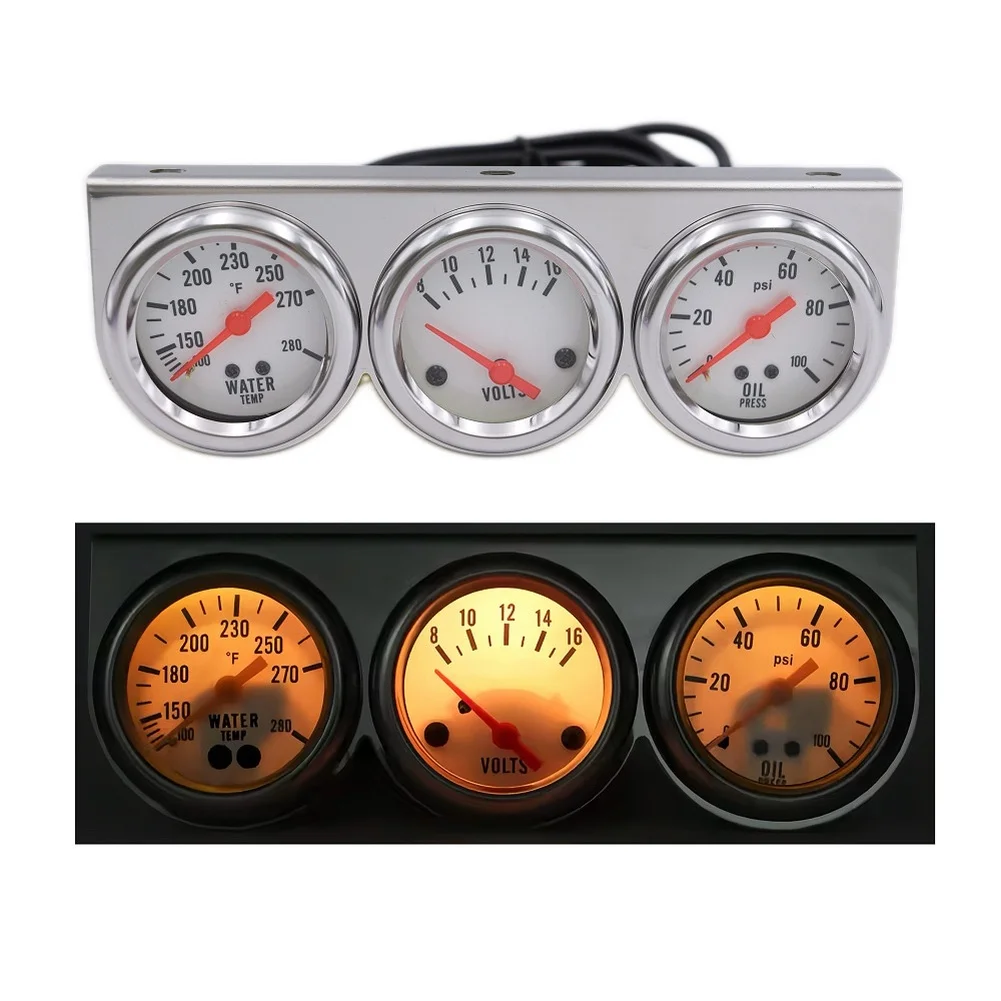 Triple Function 52mm Gauge Kit with White Face for Water Temp Oil Pressure and Voltage Readings on 12V Auto Dashboards