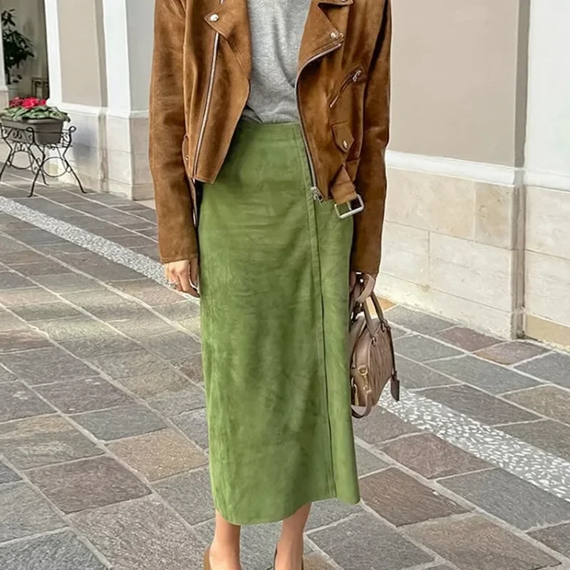 

Women's Clothing Avocado Green Suede Elegant Skirt Temperament Commuting 2024 Autumn New High Waist Straight Skirts for Women