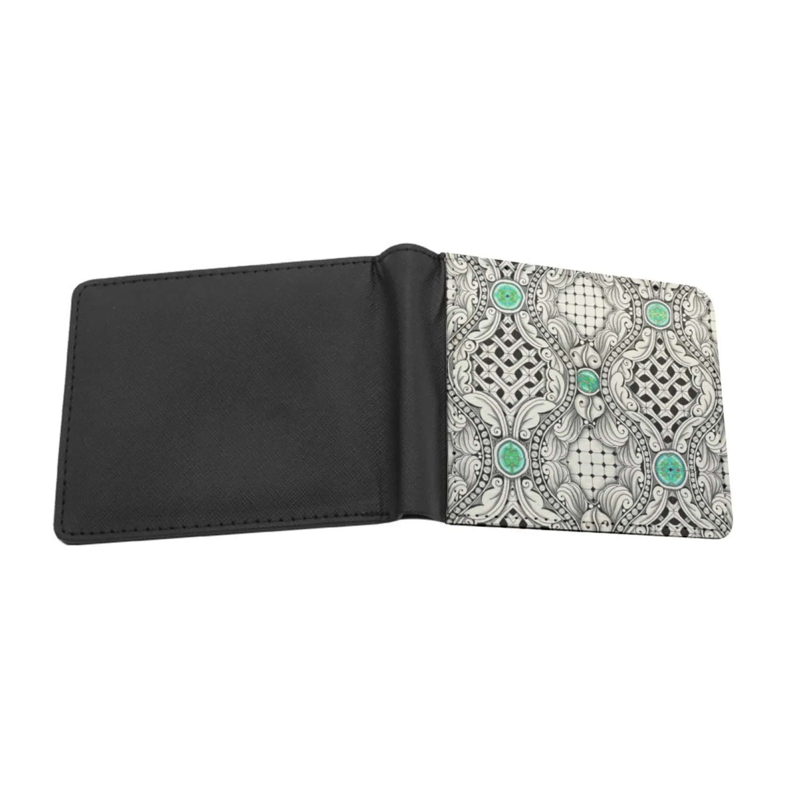 Bejeweled Ogee Pattern Wallets Pu Leather Credit Id Card Holder Purses Cash Wallet Zentangle Green Ogee Grid Black White Jewel