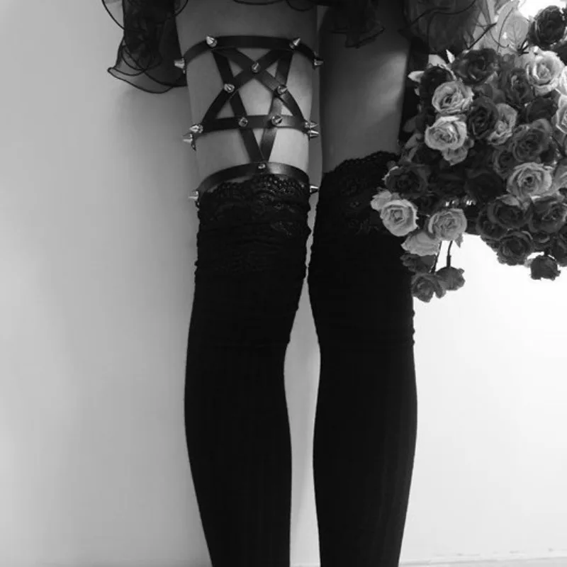 Gothic Lolita Cosplay Stockings Harajuku Stockings Pentagram Punk Uniform Socks Garter Chain Leg Rings Spike Goth Leg Strap