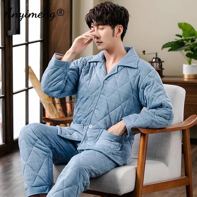 Winter Men Pajama Sets Thick Warm Three Layer Cotton Wine Red Pajama Plus Size L-3XL Nightwear Three Layer Cotton Man Pijamas