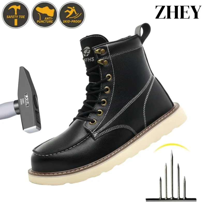 

Black Leather Safety Shoes Men Steel Toe Work Shoes Anti-smash Anti-puncture Indestructible Shoes Male Protective Boots