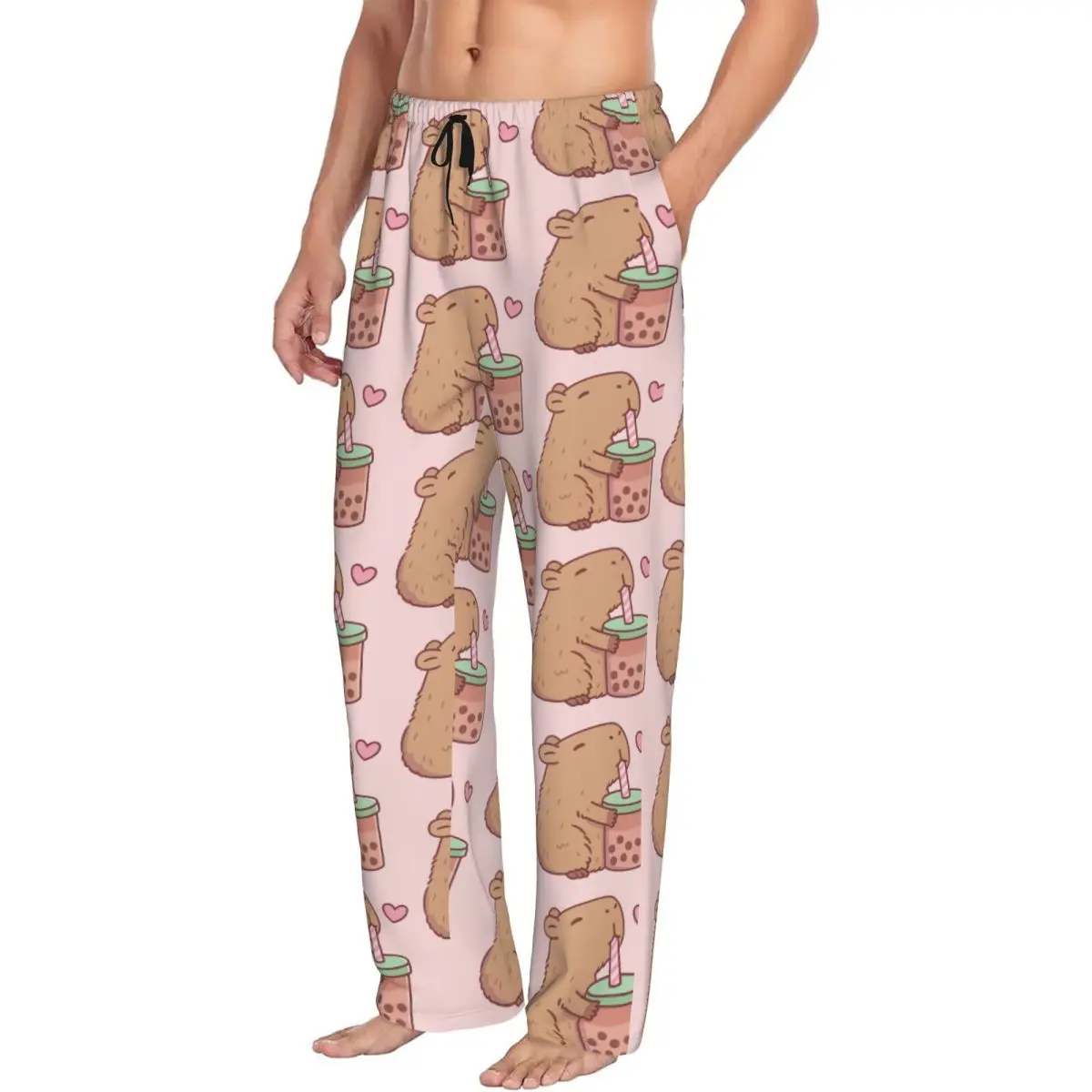 Capivara personalizado para beber leite chá pijama calças pijamas para homens cintura elástica mangas sleep lounge bottoms com bolsos