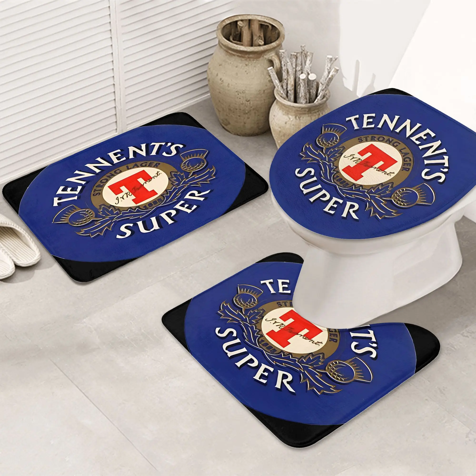 

Tennent's Super Beer Bath Set Three Piece Mat Toilet Lid Cover and U Shaped Rug Soft Flannel Non Slip for Fun Bathroom Decor