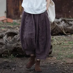 High Quality Cotton Linen Harem Pants Women New 2024 Vintage Style Solid Color Loose Female Ankle-length Casual Pants M243