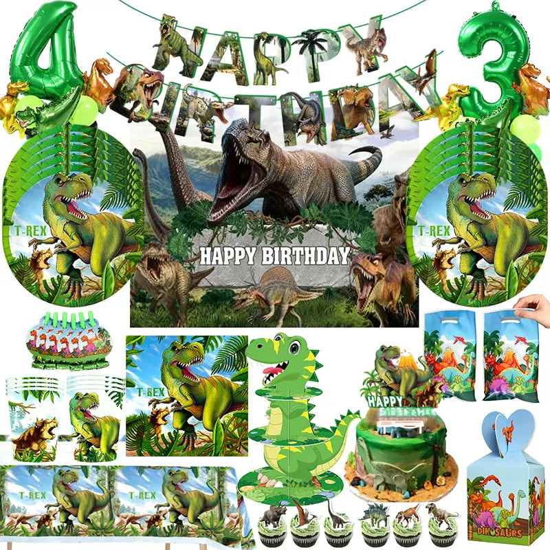 Décoration d'anniversaire sur le thème des dinosaures jurassiques, vaisselle, gobelets, assiettes, ballons dinosaures, bannière de fond, sacs cadeaux, porte-clés, cadeaux pour enfants