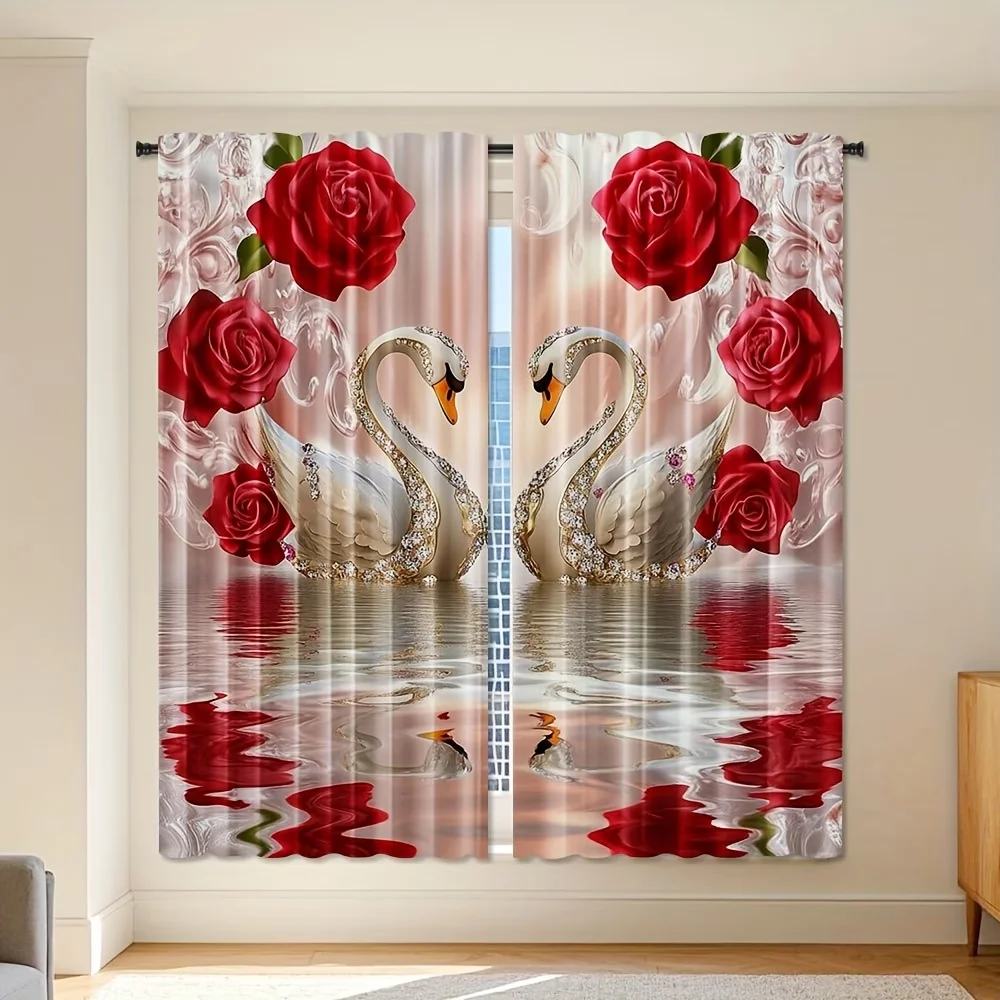 2PCS Digital Printed Curtains, Red Flower Swan Elegant Romantic Bird Floral, Window Drapes for Living Room Bedroom Home Decor