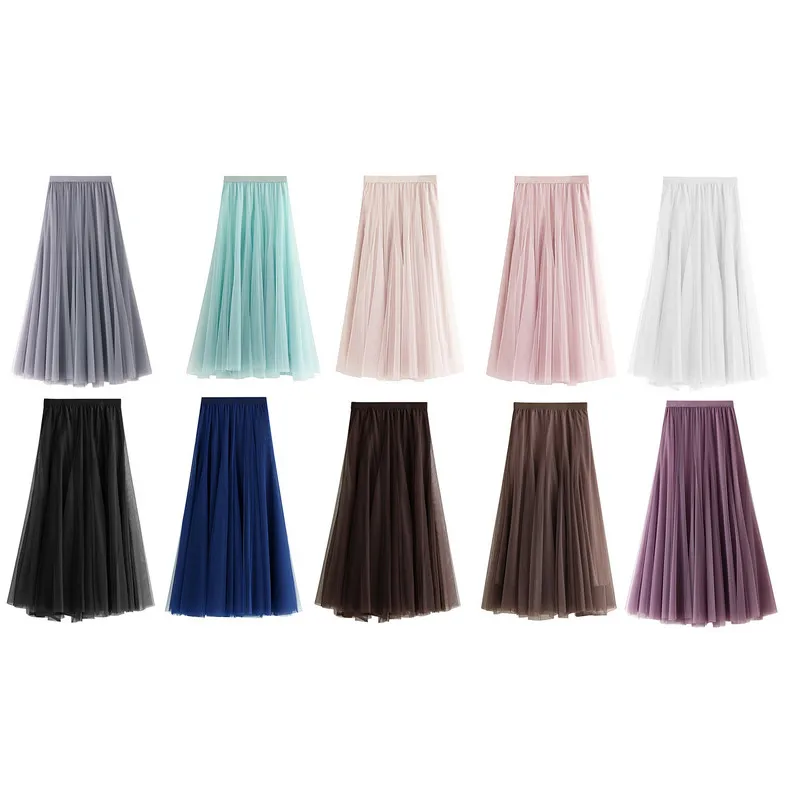 Women Mesh Skirts Summer Clothes Chic and Elegant Solid Multilayer Pleated High Waist Lace Long Tulle Skirts for Wedding Party