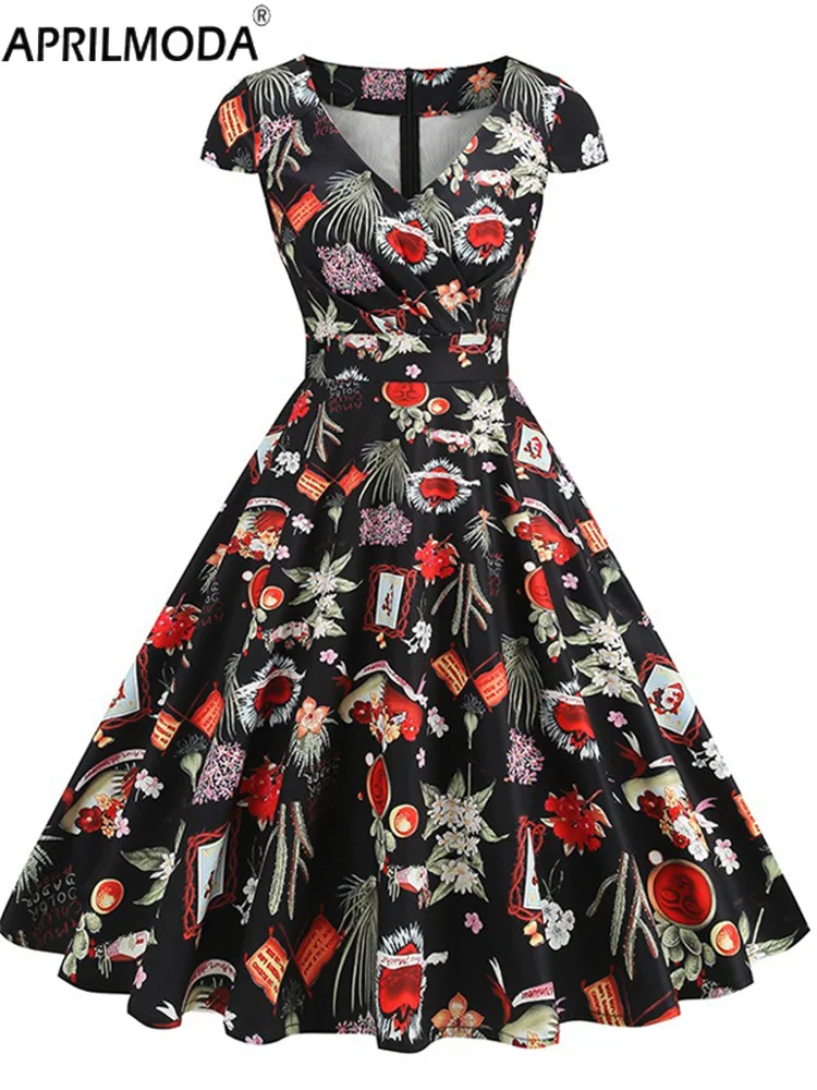 夏レトロヘップバーンスタイル 1950 年代 60 年代フレアカジュアルドレスレモンローズチェリープリント白黒ヴィンテージミディロング滑走路パーティードレス