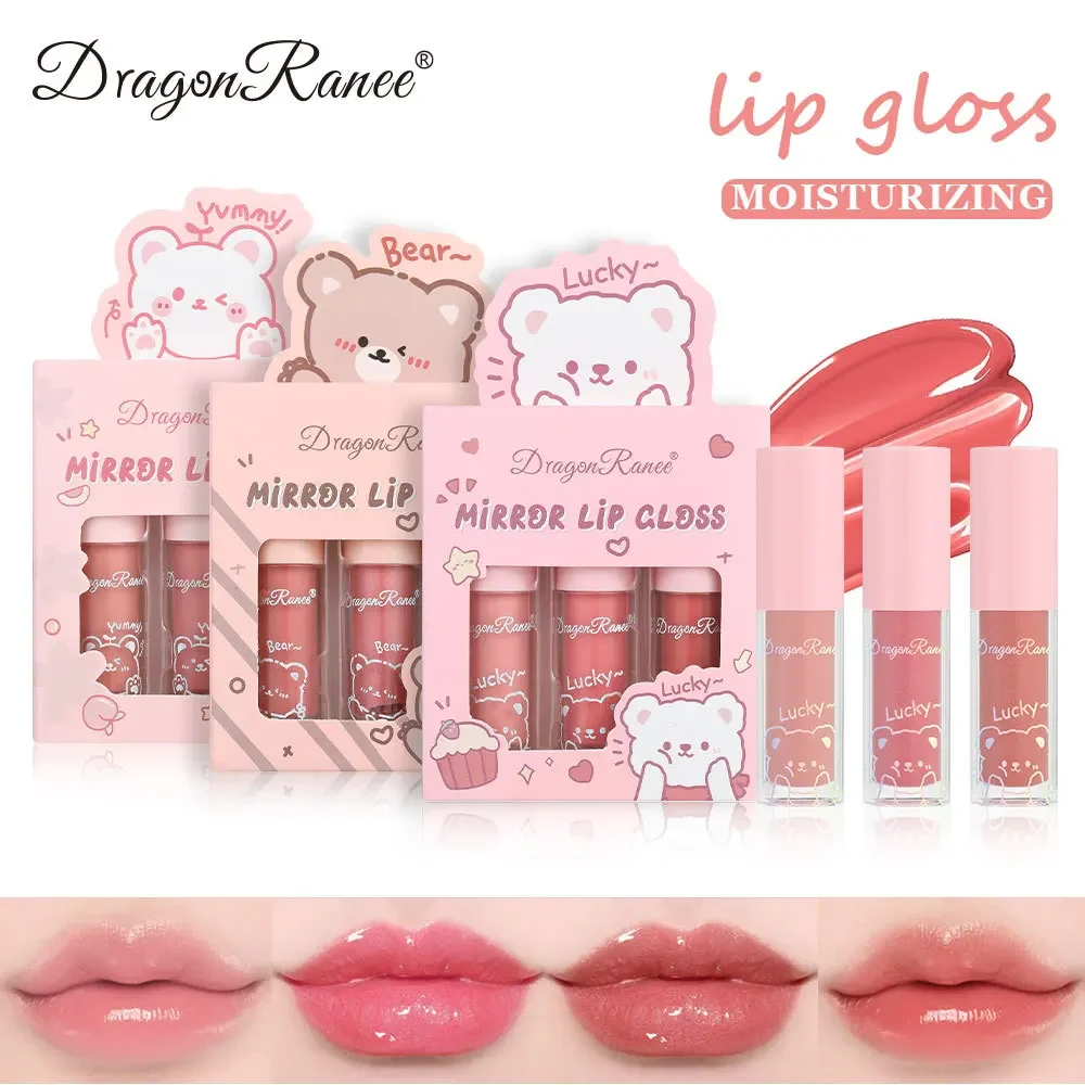 Dragon Ranee 3Pcs/set Glossy Lip Gloss Moisturizing Sparkling Glass Water Mirror Pearlescent Cartoon Lipstick Cosmetic Wholesale