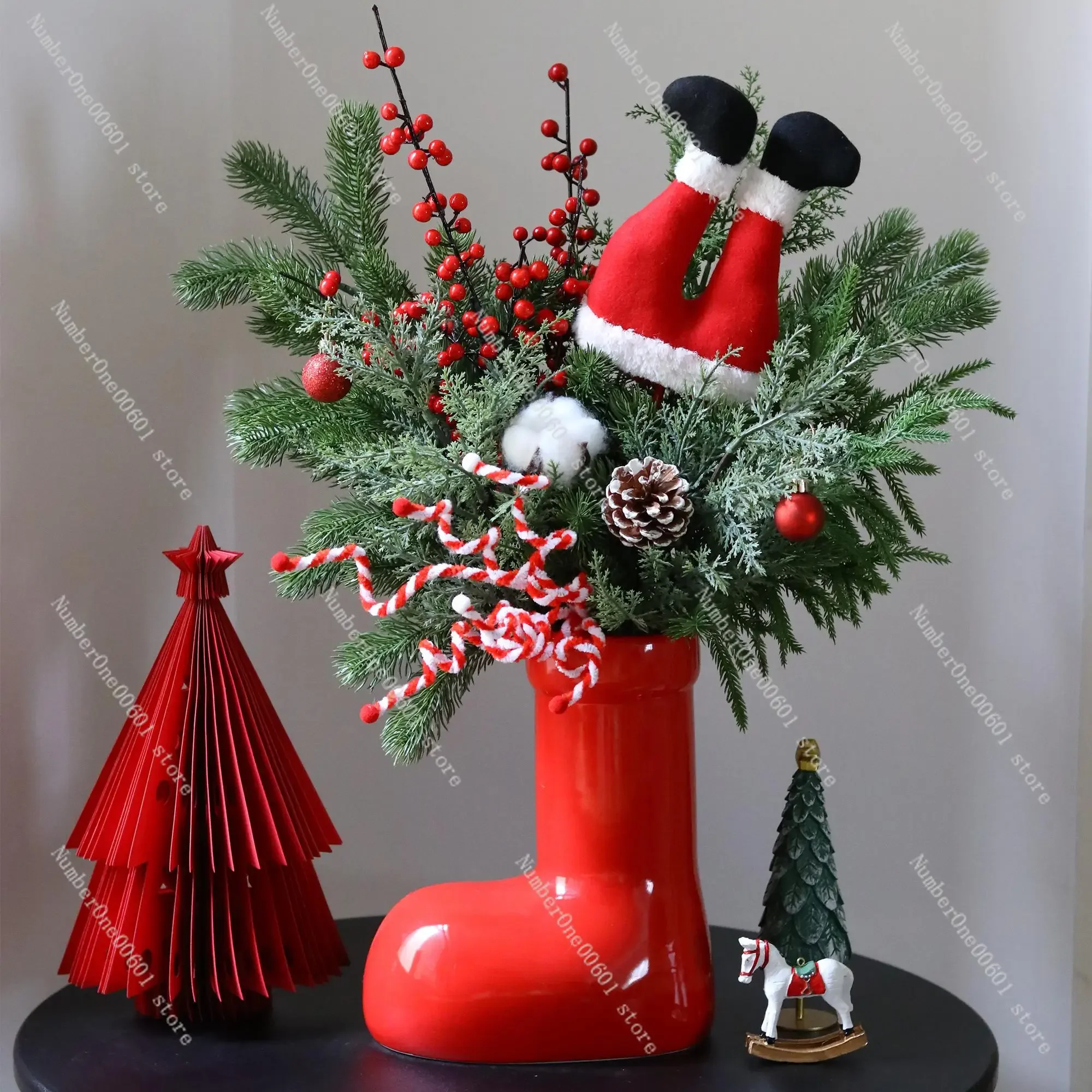 New Christmas red boots shoes vase flower arrangement simulation pine branch living room desktop decoration ornament