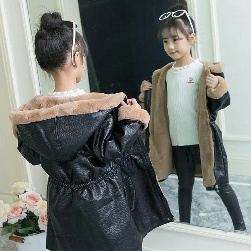 Thicken Children Winter kids clothing Warm Long waterproof Fake fur Jacket 2023 Girls Clothes Hoodie parka Outwear Leather Coat