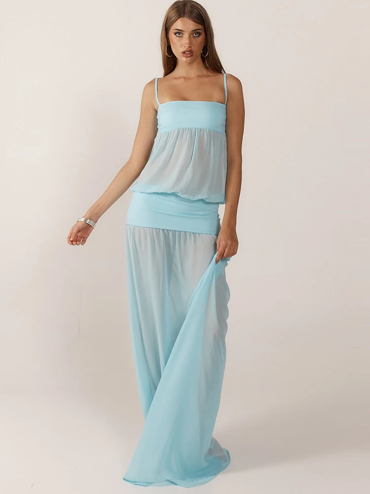 Oniflyme 스파게티 스트랩 쉬어 맥시 드레스 여성 가운 패치 워크 민소매 백리스 이브닝 파티 드레스 streetwear sexy vestido