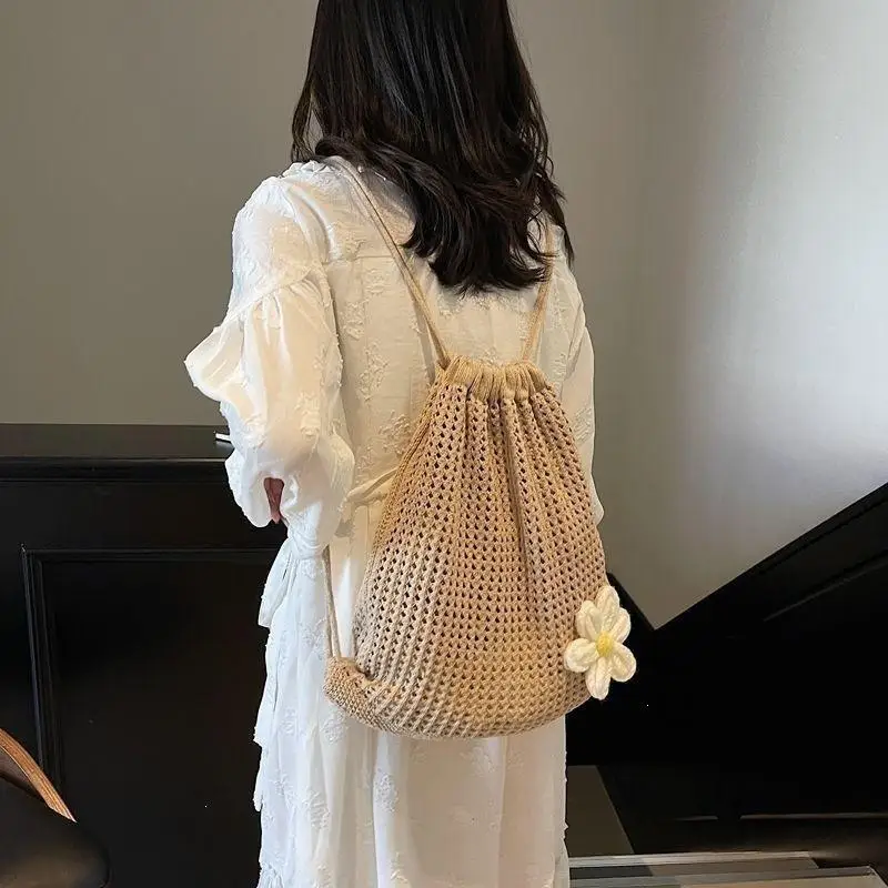 (BF06)Solid Color Knitting Shoulder Bag Large Capacity Bohemian Crochet Backpack Hollow Out Beach Travel Shopping Tote Bag