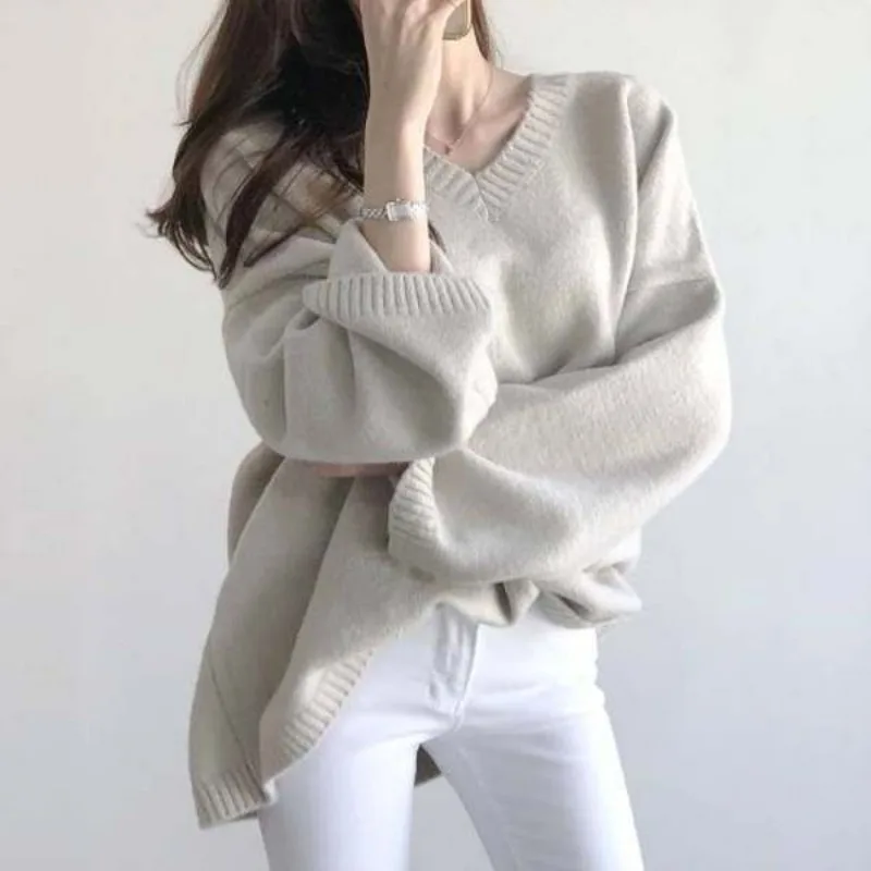 Large Size Loose V-neck Sweater Women Autumn Winter Korean Office Lady Solid Color Knitwear Simplicity All-match Knitting Tops