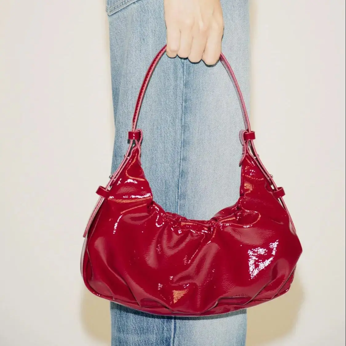 

WOMEN'S CRACKLE-EFFECT RUCHED BAG, Solid Color Half-Moon Shoulder Bags, Luxury Design Handbag Purse For Women