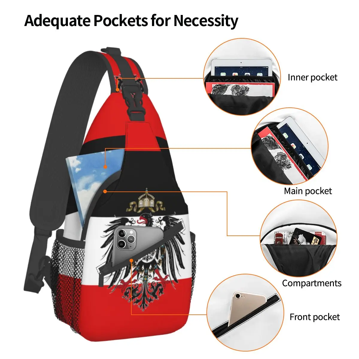 German Empire State Flag Crossbody Sling Bags Small Chest Bag Shoulder Backpack Daypack for Hiking Outdoor Travel Bookbag