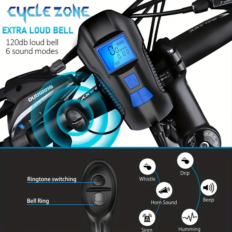 3 in 1 Bicycle Front Light with Horn Bike Light USB Rechargeable Waterproof Speedometer Cycling Accessories for Mountain Bike