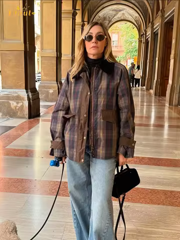 Casual Plaid Patchwork Women Jacket Full Sleeve Zipper Pocket Female Coat 2025 New Autumn Lapel Single Breasted Lady Outerwears