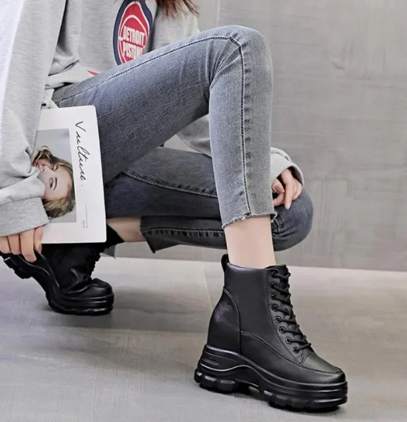 9CM Genuine Leather New Platform Wedge Mid Calf Ankle Motorcycle Booties Non Slip Hidden Heel Women Zipper Autumn Winter Shoes