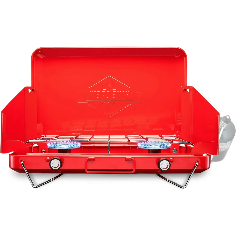 Gas Camping Stove | Portable Double Propane Burner | Built-in Carrying Handle, Foldable Legs & Wind Panels