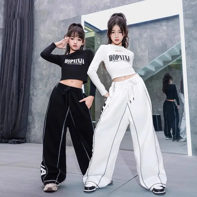 

Children's autumn hip-hop dance girls' exposed navel jazz dance suit black long-sleeved white sweatpants show trendy