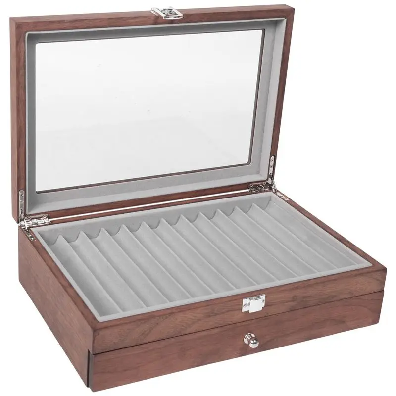 

A95D-Walnut Pen Storage Case Luxury 2 Layer Pen Display Organizer Transparent Window Fountain Box Pen-Collection
