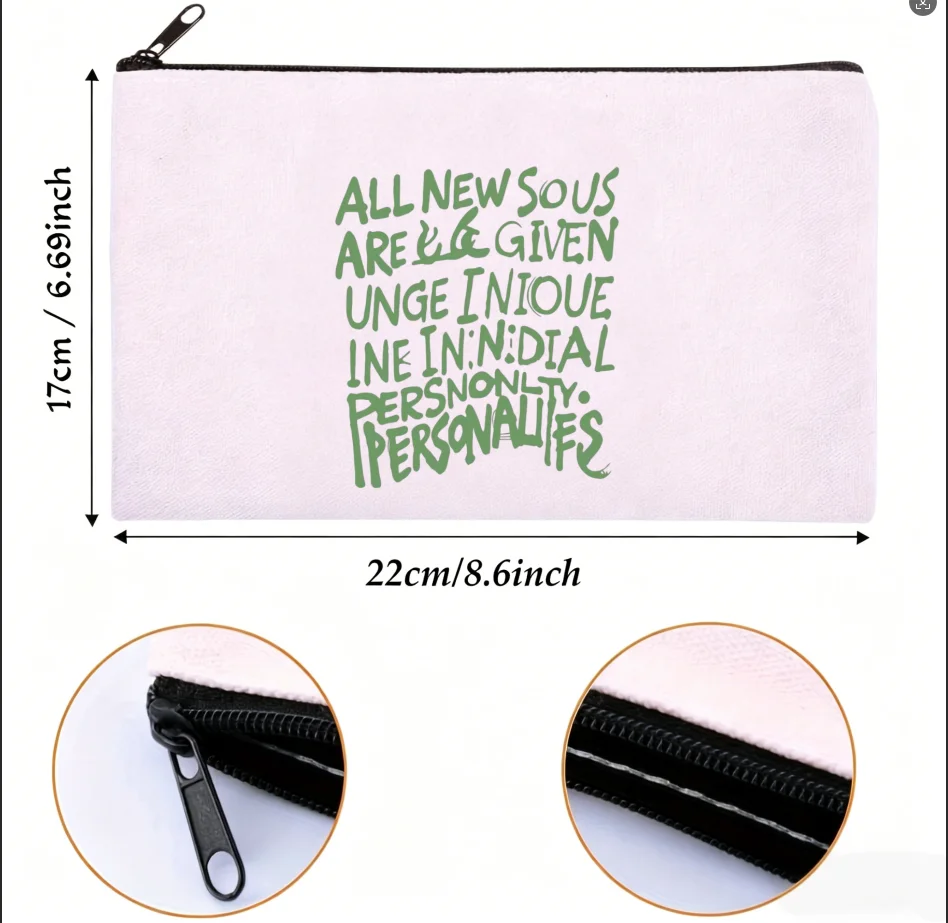1PC Green Graffiti Slogan Canvas Zipper Pouch Street Style Travel Makeup Coin Stationery Storage Bag