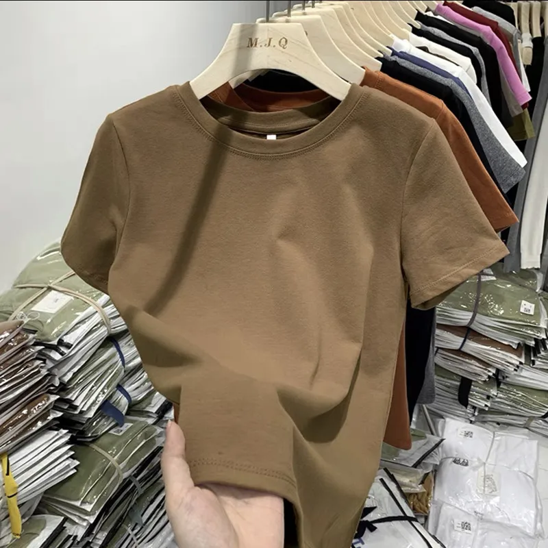 Quality Women's T-shirt Guangzhou Thirteenth Factory Short Sleeve Slim Fit Pure Color Summer round Neck Cotton Top