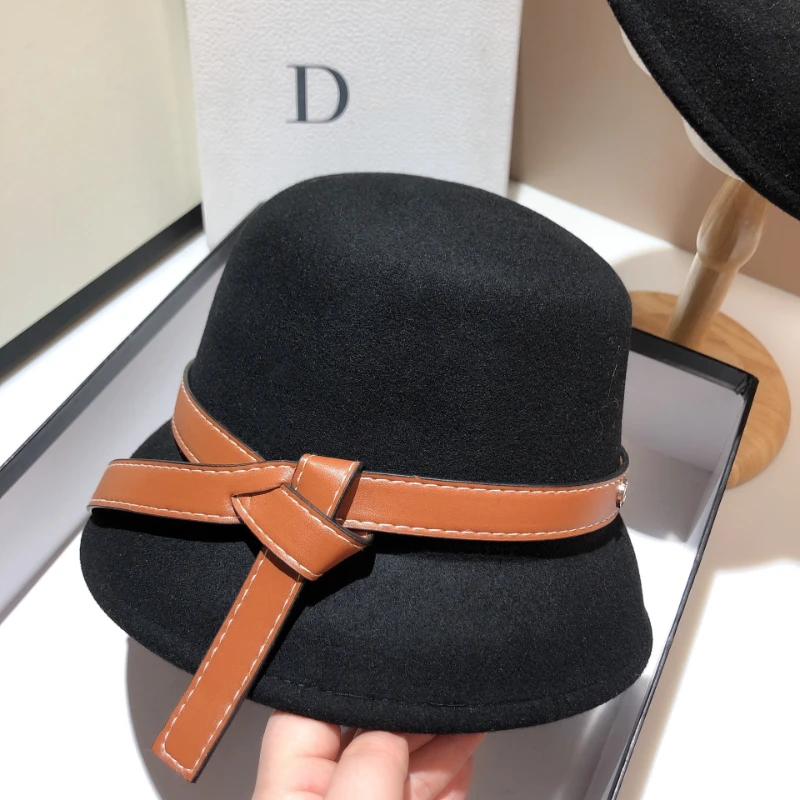 W stylu Hepburn 100% gruba wełna abażur kapelusz delikatne mody wiązane pas asymetryczny tweed cylinder