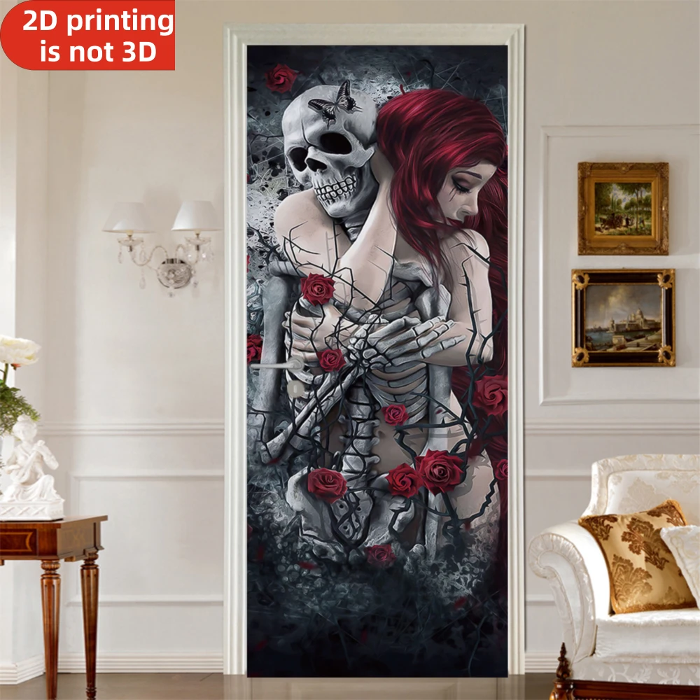 Skeleton Embracing Red Haired Woman Self-Adhesive Vinyl Door Fridge Decal Home Decor