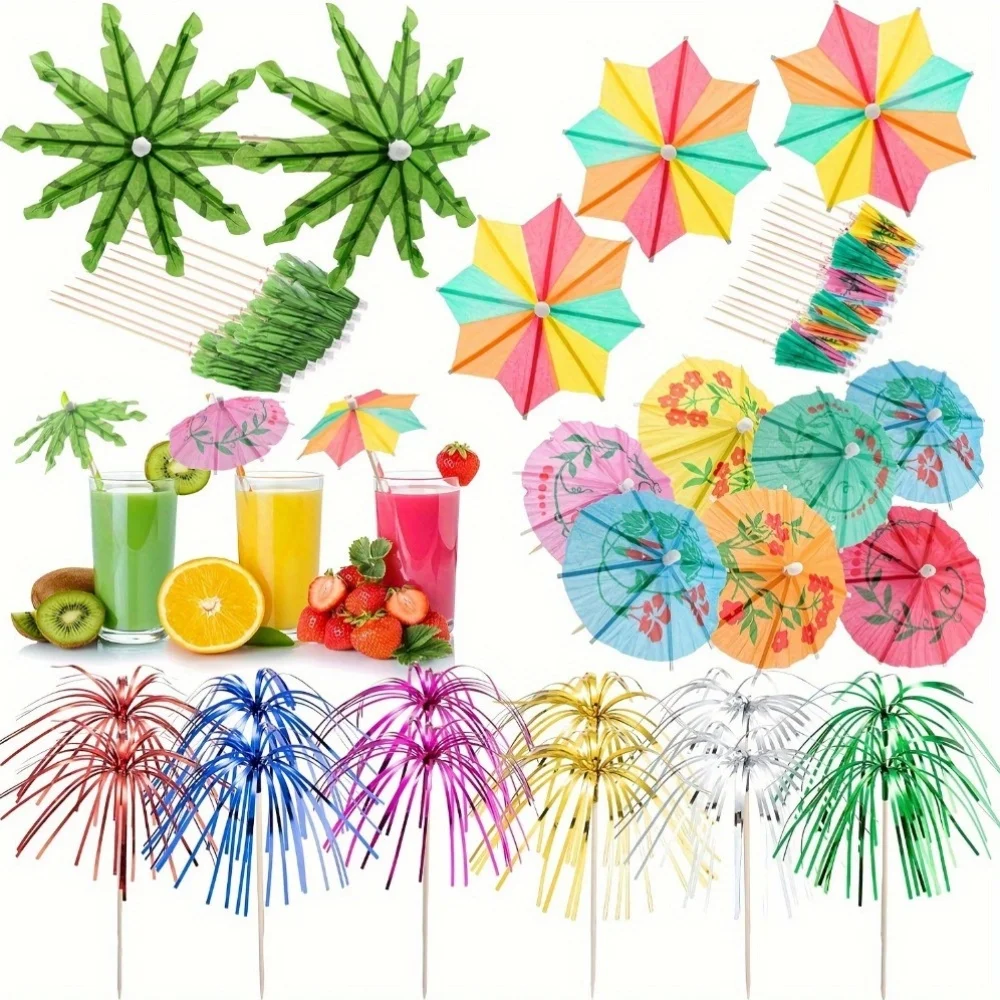40 Uds. Palillos de cóctel tropicales diseño de palmera de coco y fuegos artificiales paraguas para bebidas fruta de verano decoraciones para fiestas hawaianas 4 estilos