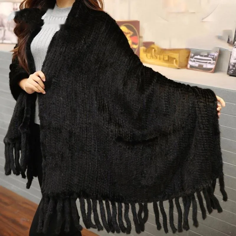 Women Fur Poncho Winter Black/Brown Knit Mink Fur Scarves Natural Mink Fur Shawls For Women Mink Fur Shawl Evening Party Shrug