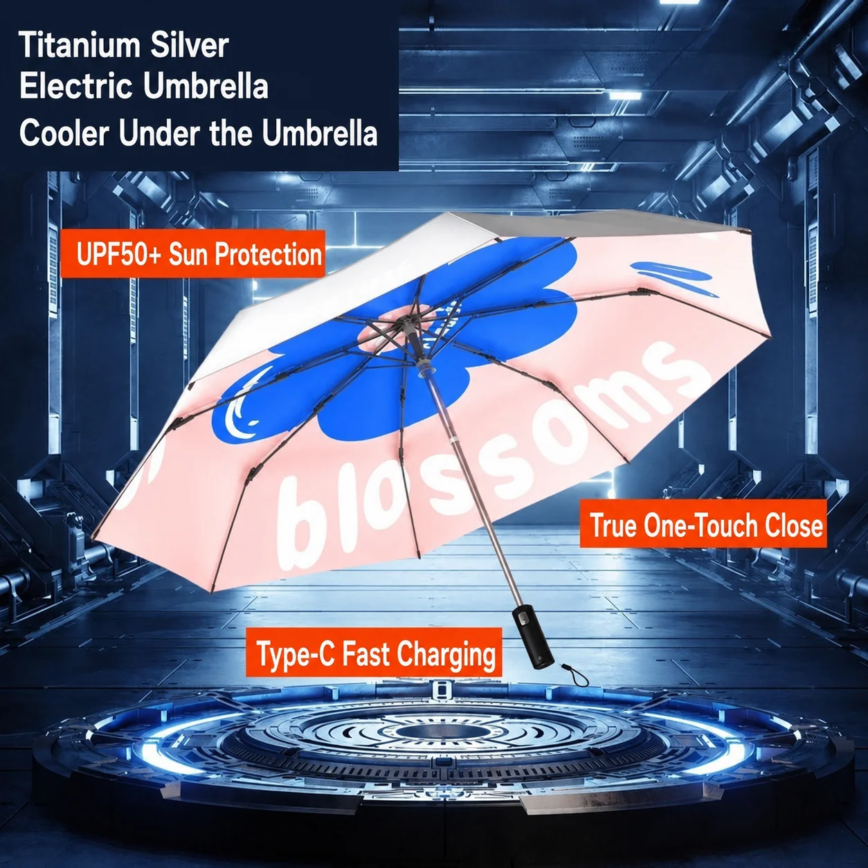 Electric Rechargeable Smart One-button Open and Close Silver-coated Sun-protective Fully Automatic Pink Girly Sunscreen Umbrella