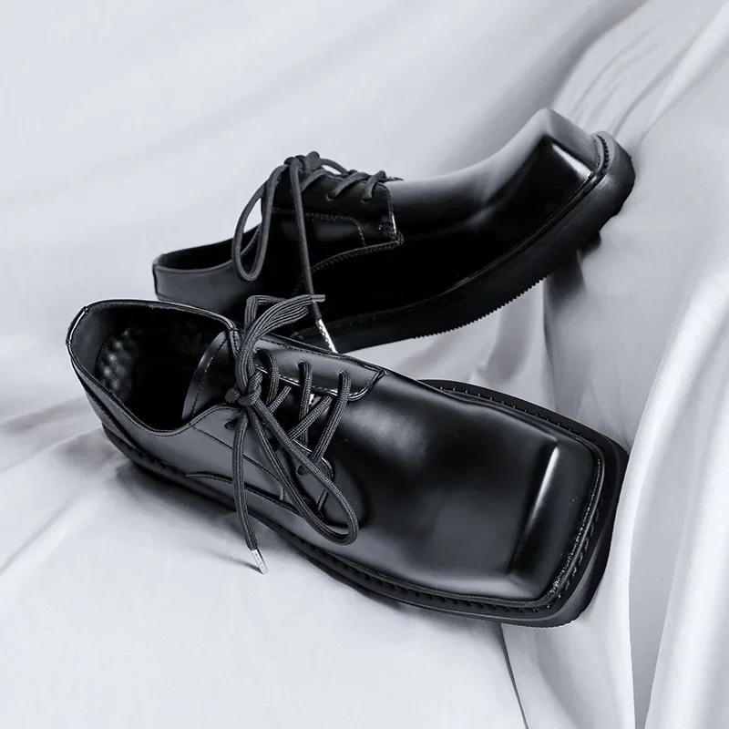Luxury Men Black Fashion Casual Leather Square Shoes Dress Height Increasing Loafers Spring Autumn Designer Shoes Wedding Shoes