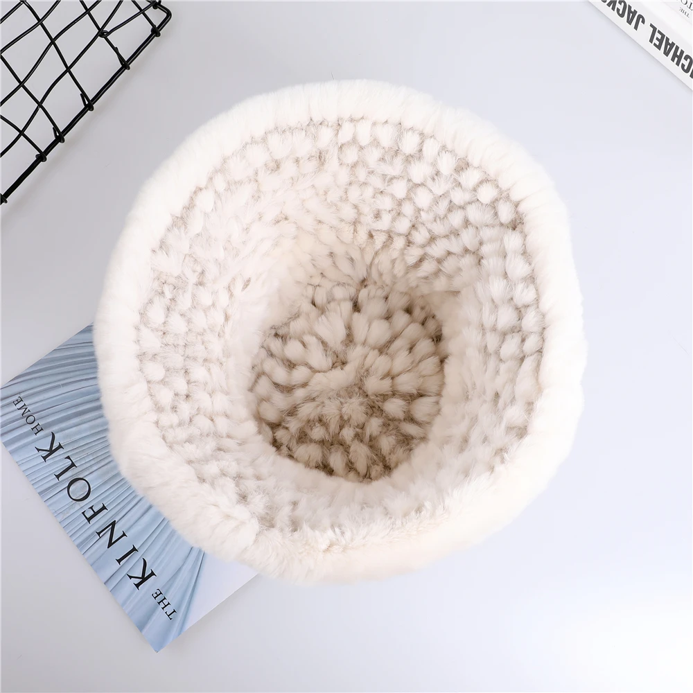 Luxury Women\'s Winter Genuine Rex Rabbit Fur Knitted Hat Bucket Caps Hats Fluffy Warm Beanies Lady Fashion Accessory