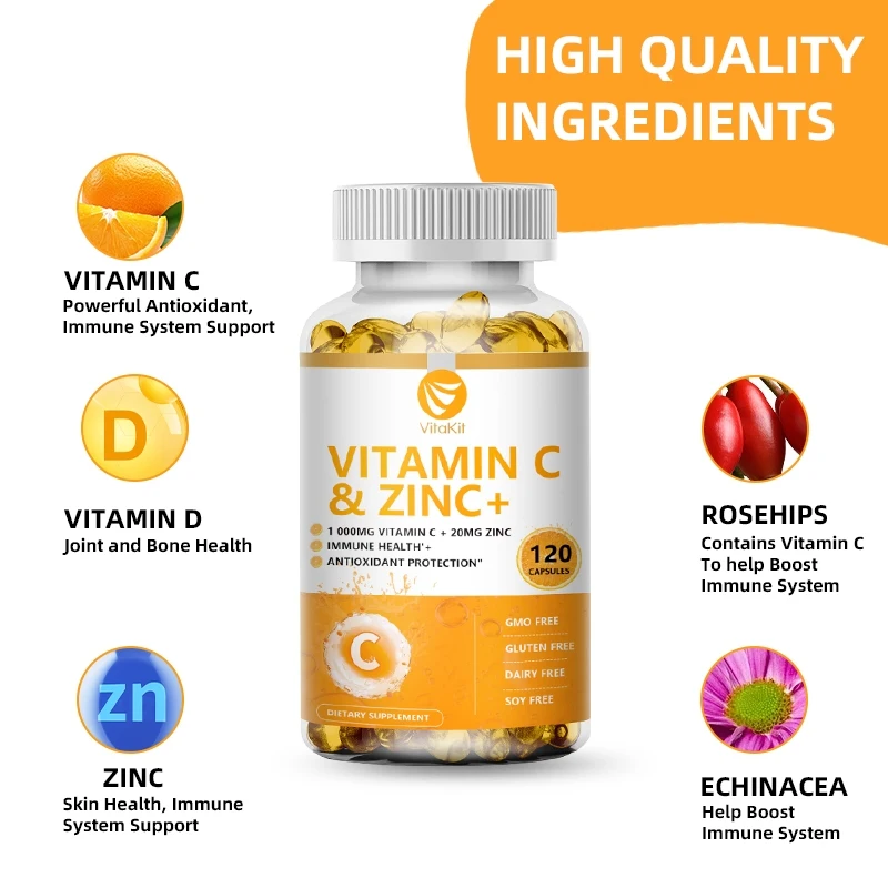 Vitamin C 1000mg with Zinc 20mg 120 Capsules Vitamin Dietery Supplement | Non-GMO & Gluten Free Vegan