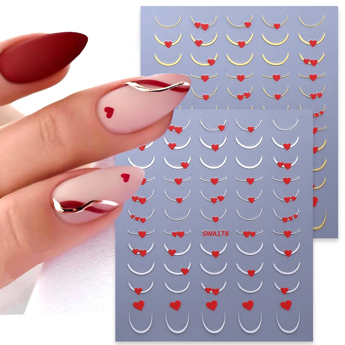 2pcs Bronzing French Style Heart Nail Decals Golden Silvery Metal Curve Line Fashion Valentine's Simple Classy Manicure Stickers