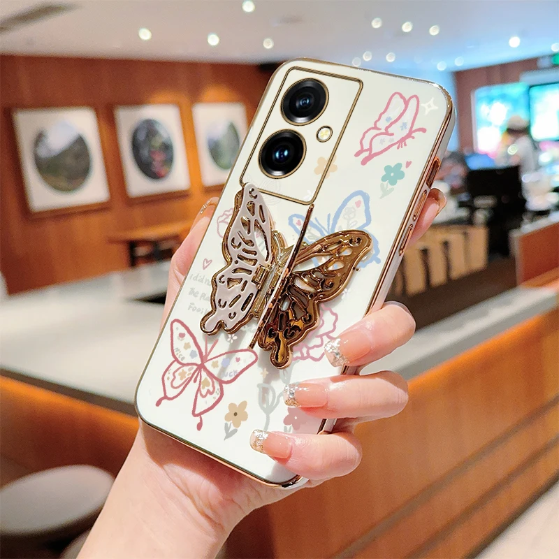 Y 78 Plus Rose Butterfly Plating Holder Phone Case For VIVO Y85 Y200i Y91 Y35Plus Y93 X100S Y76S Y35 X100 Y28 Y77 Y100 Cover