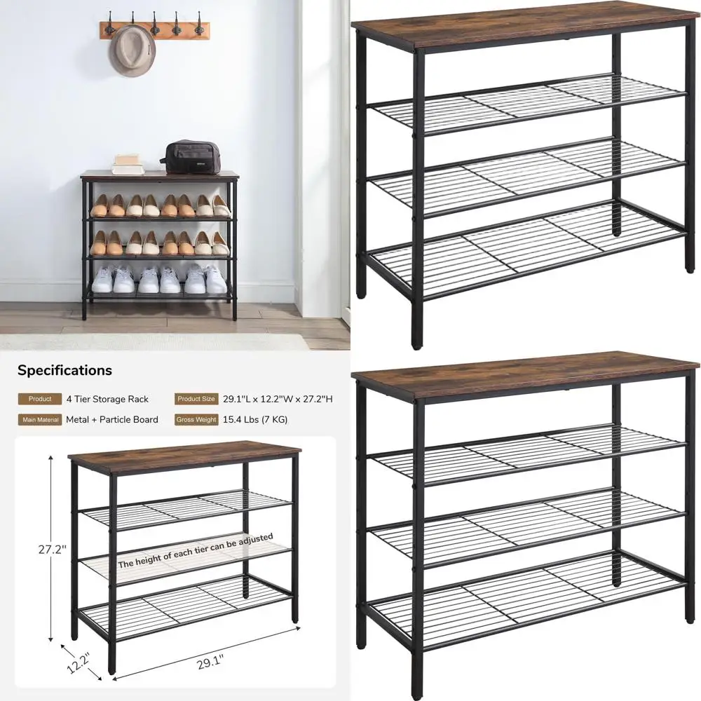 

4-х уровневая металлическая сетчатая полка для обуви-органайзер для прихожей, прихожей, шкафа, общежития - коричневый в деревенском стиле