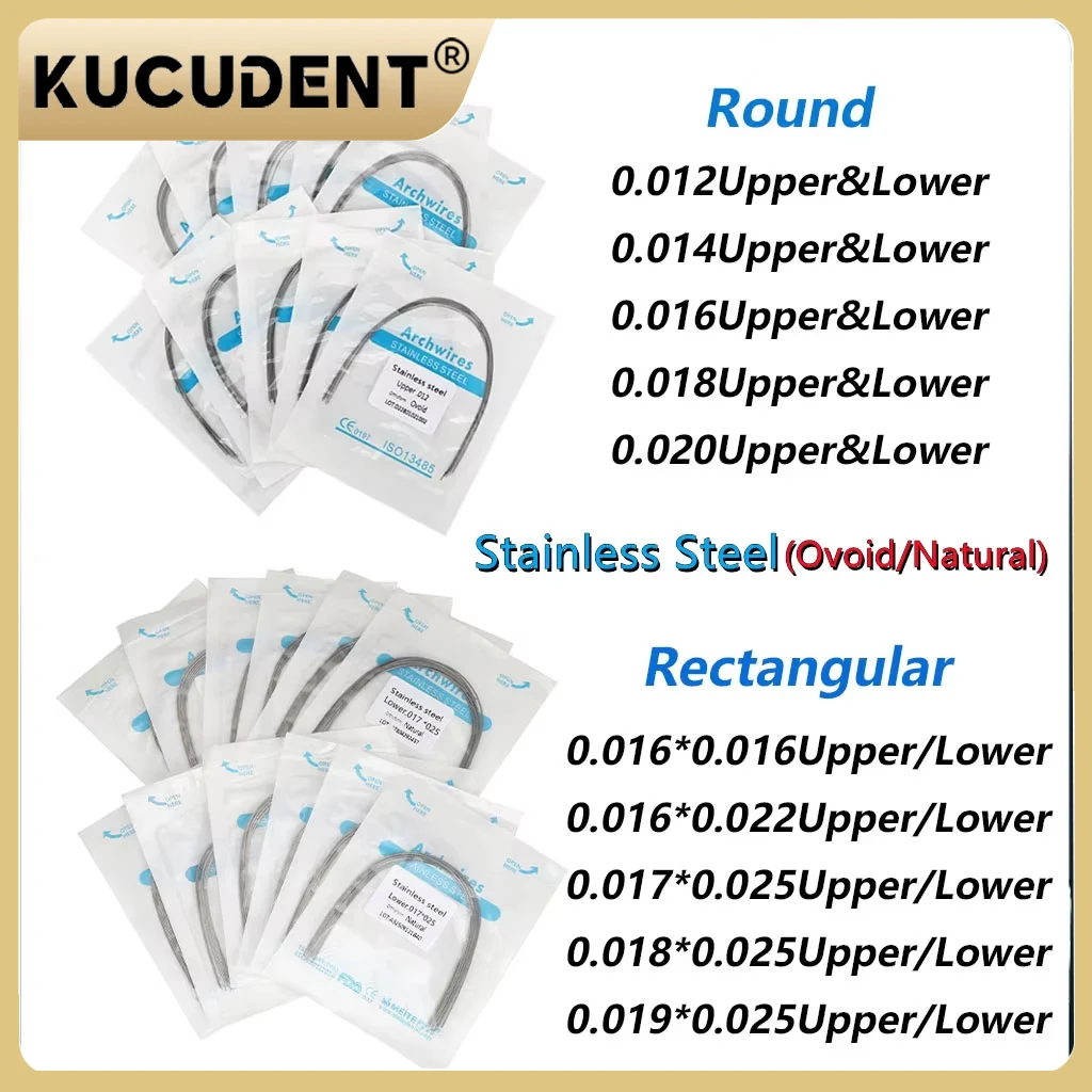 100 uds/10 paquetes de alambres de arco de ortodoncia Dental de acero inoxidable ovóide/forma Natural alambres de arco redondos/rectangular materiales de odontología