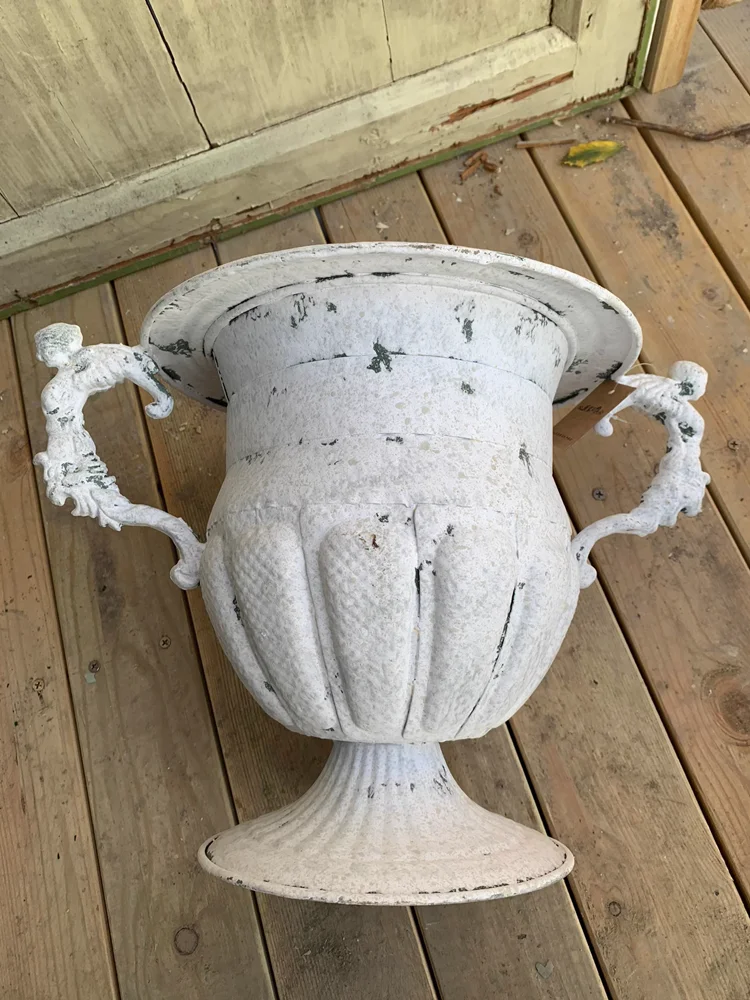 Vintage Metal Urn Planter, Retro Iron White Trophy Flower Pot, Rustic Handmade Pedestal Flowerpot