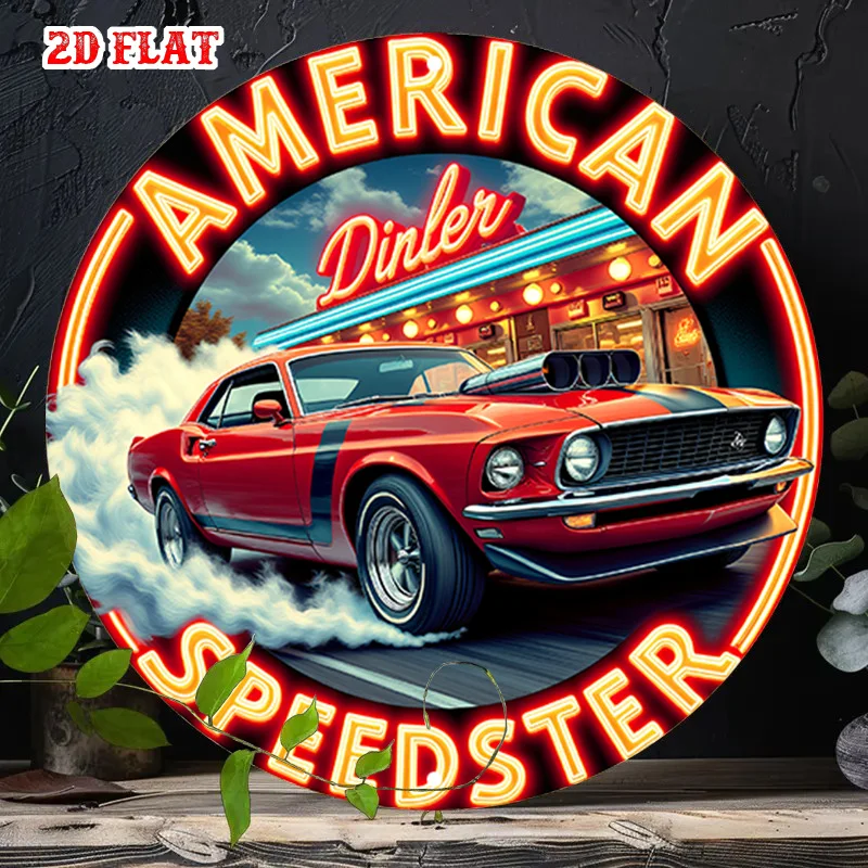 Diseño planar 2D, 1 placa circular de pared estilo neón de coche retro - Diseño estilo restaurante americano y coche deportivo de los años 50