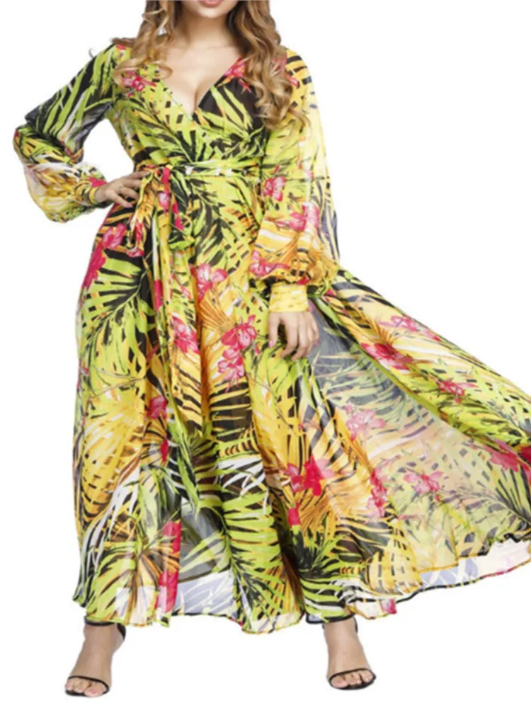 Women\'s 2024 Autumn New Lantern Sleeves Sexy Deep V Fashion Printed Dress Green Leaf Strap Waist Ankle Long Dress