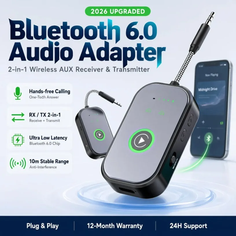 Bluetooth 6.0 Audio-Adapter TX RX Sender Empfänger Dual-Verbindung DSP Geräuschunterdrückung für TV, Auto, Schalter, Flugzeug – Bestseller