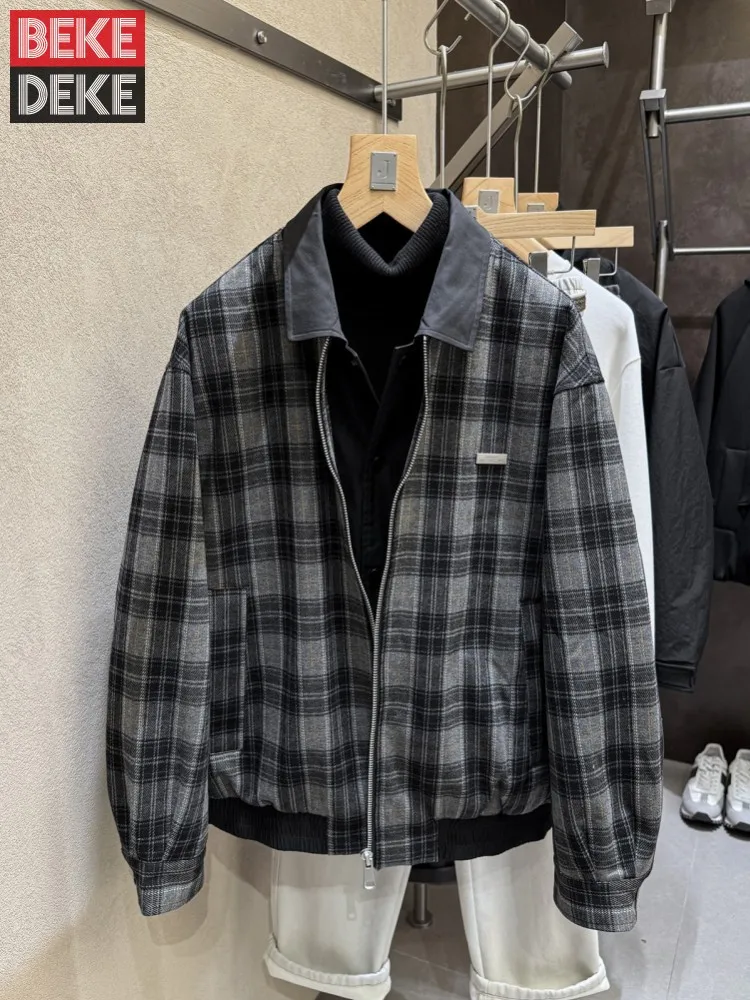 Winter Male Turn Down Collar Zipper Grid Spliced Fake Two Piece Overcoat Thick Warm Loose Fit Down Jacket Outwear Coat Business