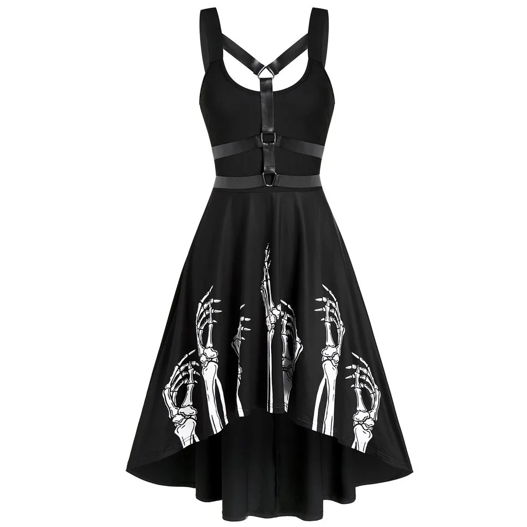 Women'S Gothic Punk Sleeveless Strap Sling Dress Elegant Irregular Hollow Cross Strap Strap Solid Color Medieval Vintage Dress