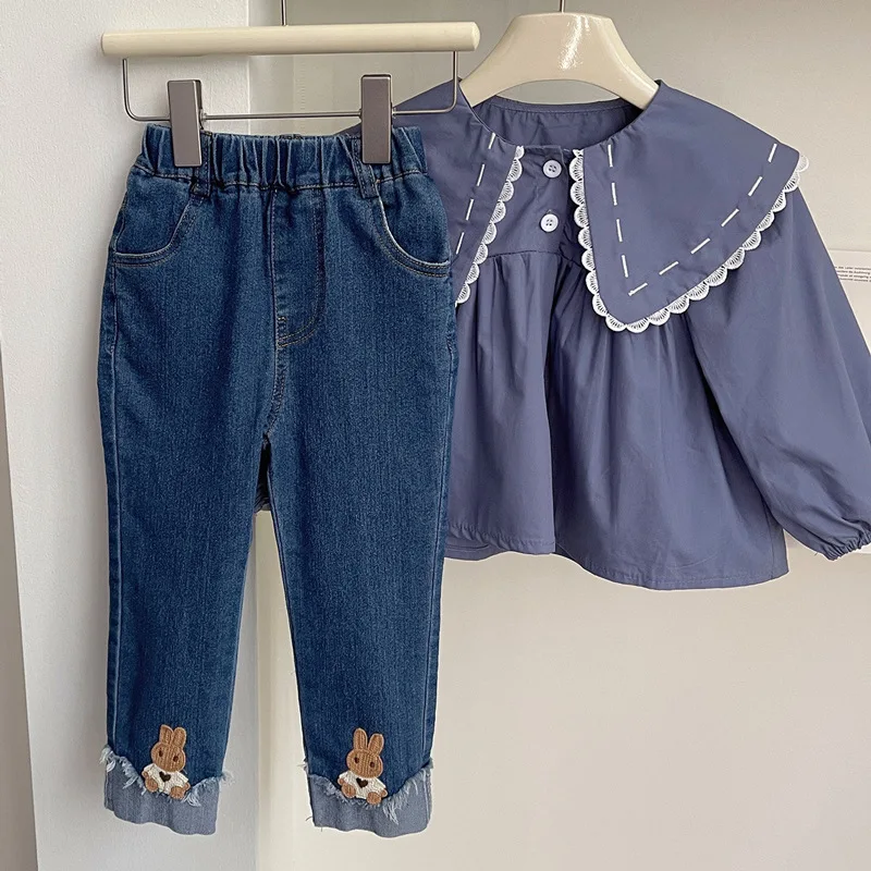 

2024Spring New Girls' Lapel Long Sleeve Shirt Suit Casual Loose Children's Embroidery Jeans Two-Piece Set