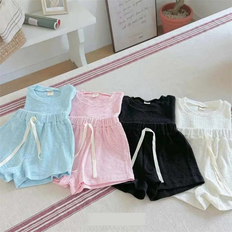 Boys Solid T Shirts + Shorts Baby Cotton 2pcs Suit Kids Girls Thin Casual Set 2025 Summer New Children Short Sleeve Clothes Set