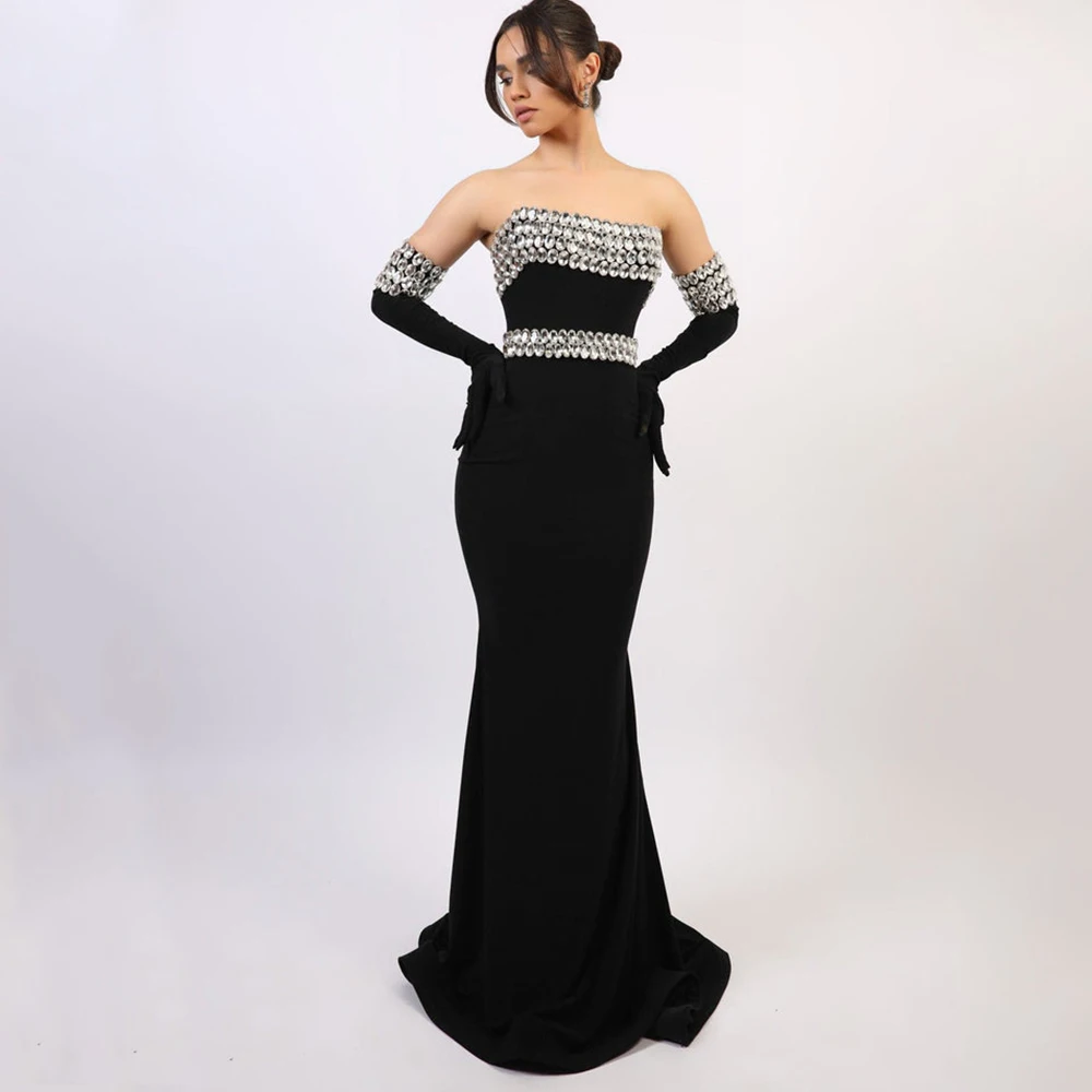 Charming Strapless Mermaid Evening Dress Classic Black with Diamond Decoration Sexy Open Back Sweep Train Party Gowns Custom